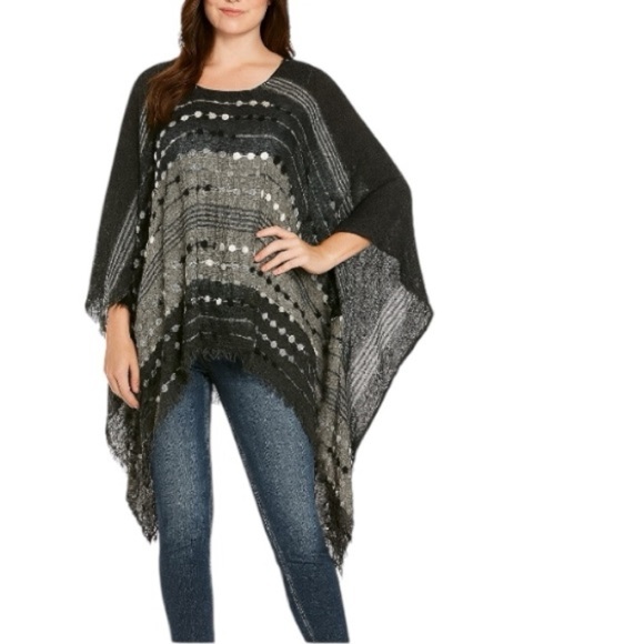 DEMDACO Grey & Black Boho Fringe Southwestern Artisan Western Poncho One Size - Picture 1 of 15